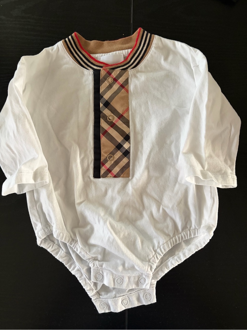 Burberry White Baby One-Piece with Classic Check Trim